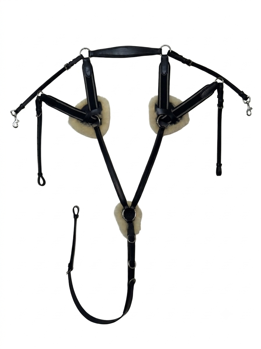 5 Point Leather Horse Martingale Breastplate with Sheepskin Padding Black