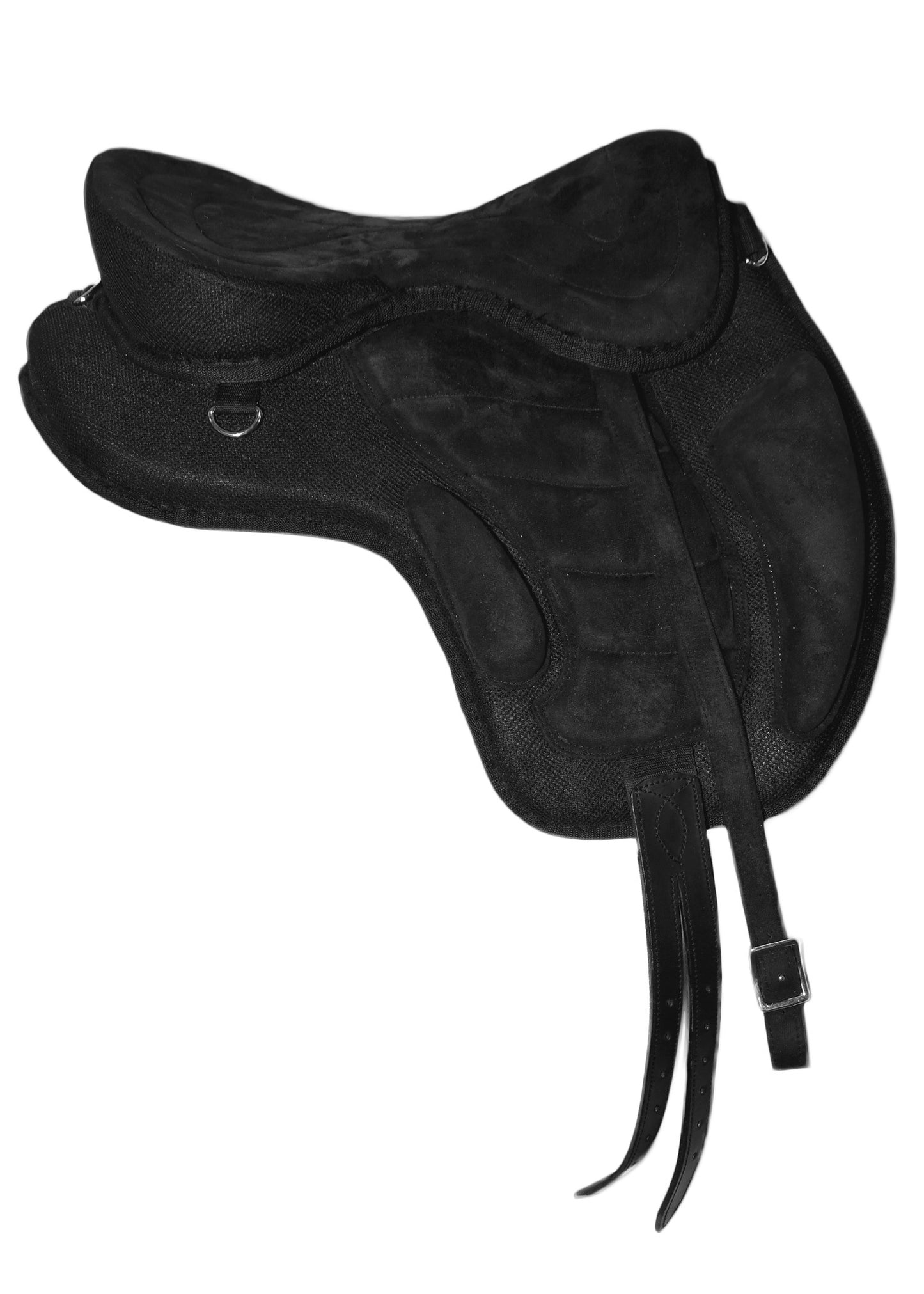 Black synthetic freemax treeless horse saddle with stirrups and E bars, featuring a velcro system and changeable wither iron arch.
