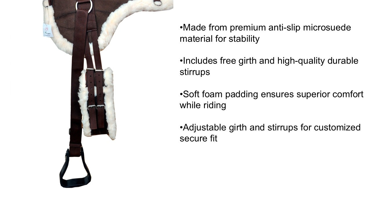 Bareback Saddle Pad with Free Stirrups And Girth Anti Slip Micro Suede Adjustable Fit Pony Size Brown Colour