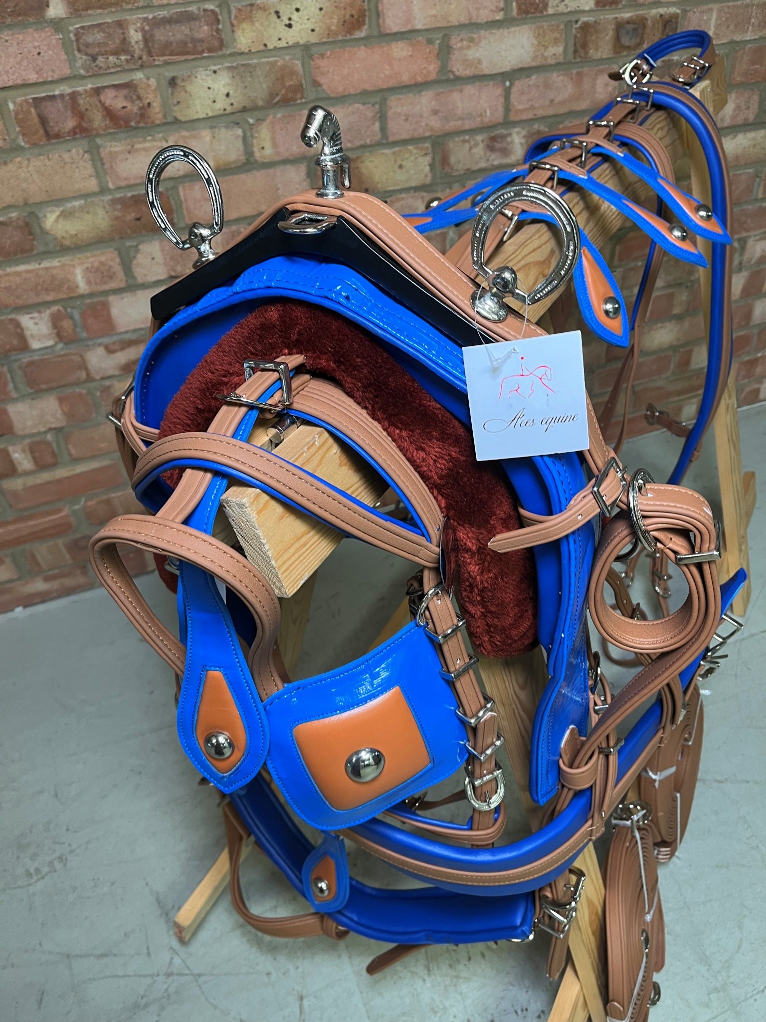 A brown and blue breeching harness for ponies horses and shetland