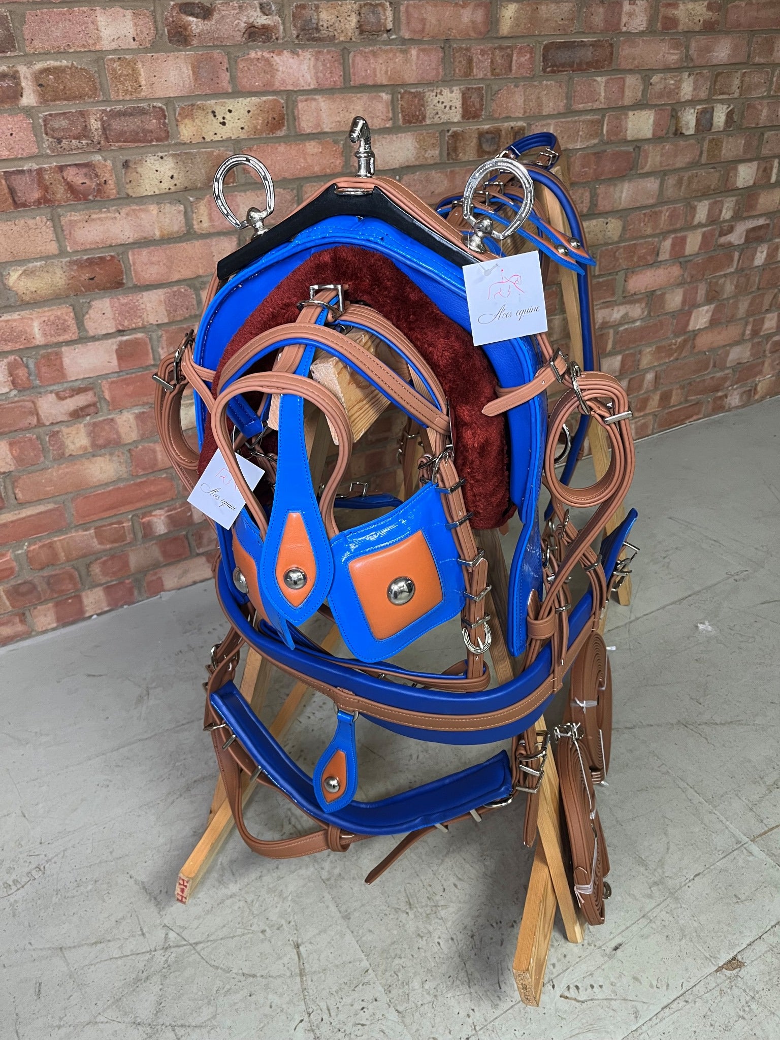 A brown and blue breeching harness for ponies horses and shetland