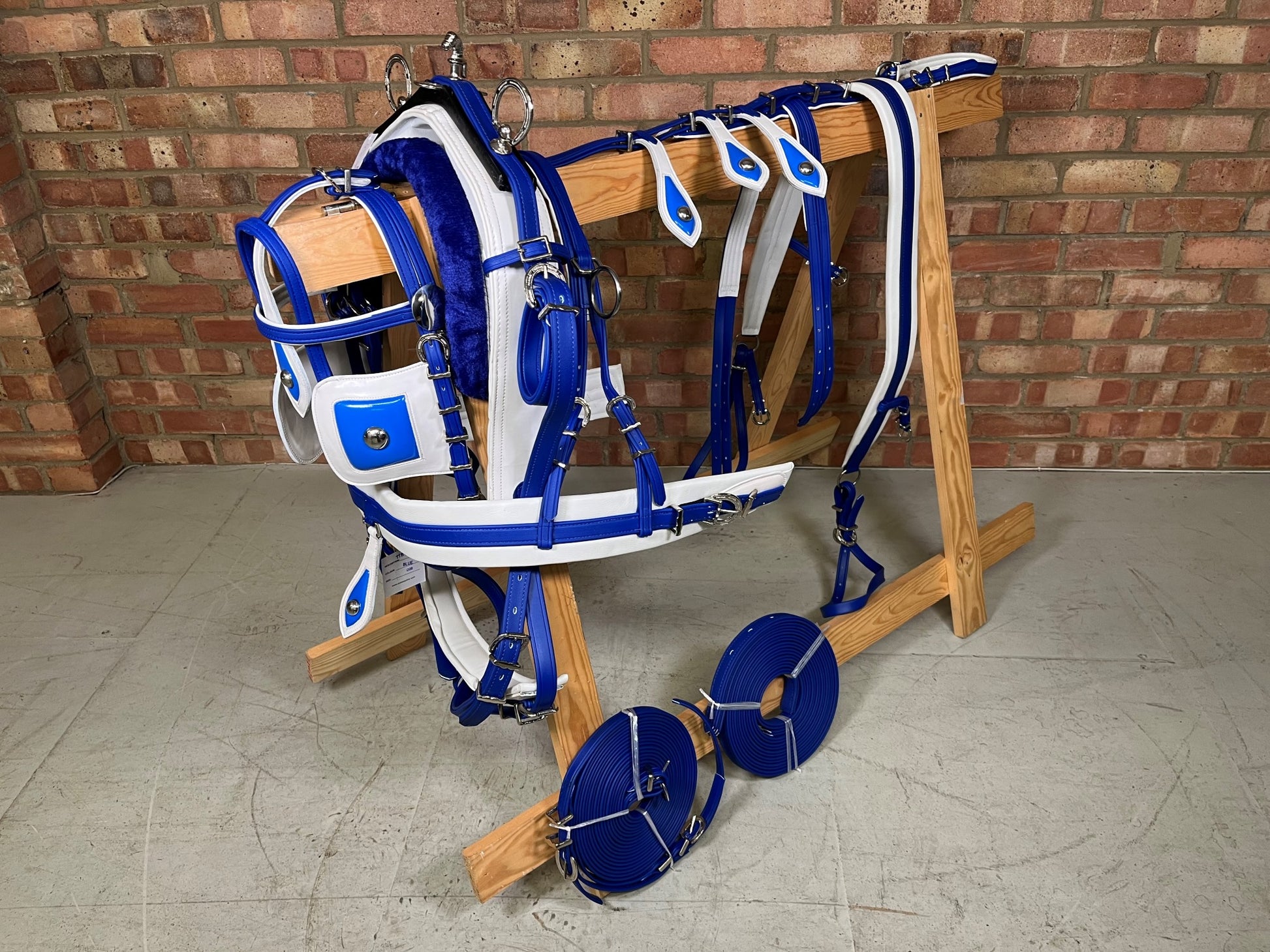A horse biothane harness with blue straps and white padding