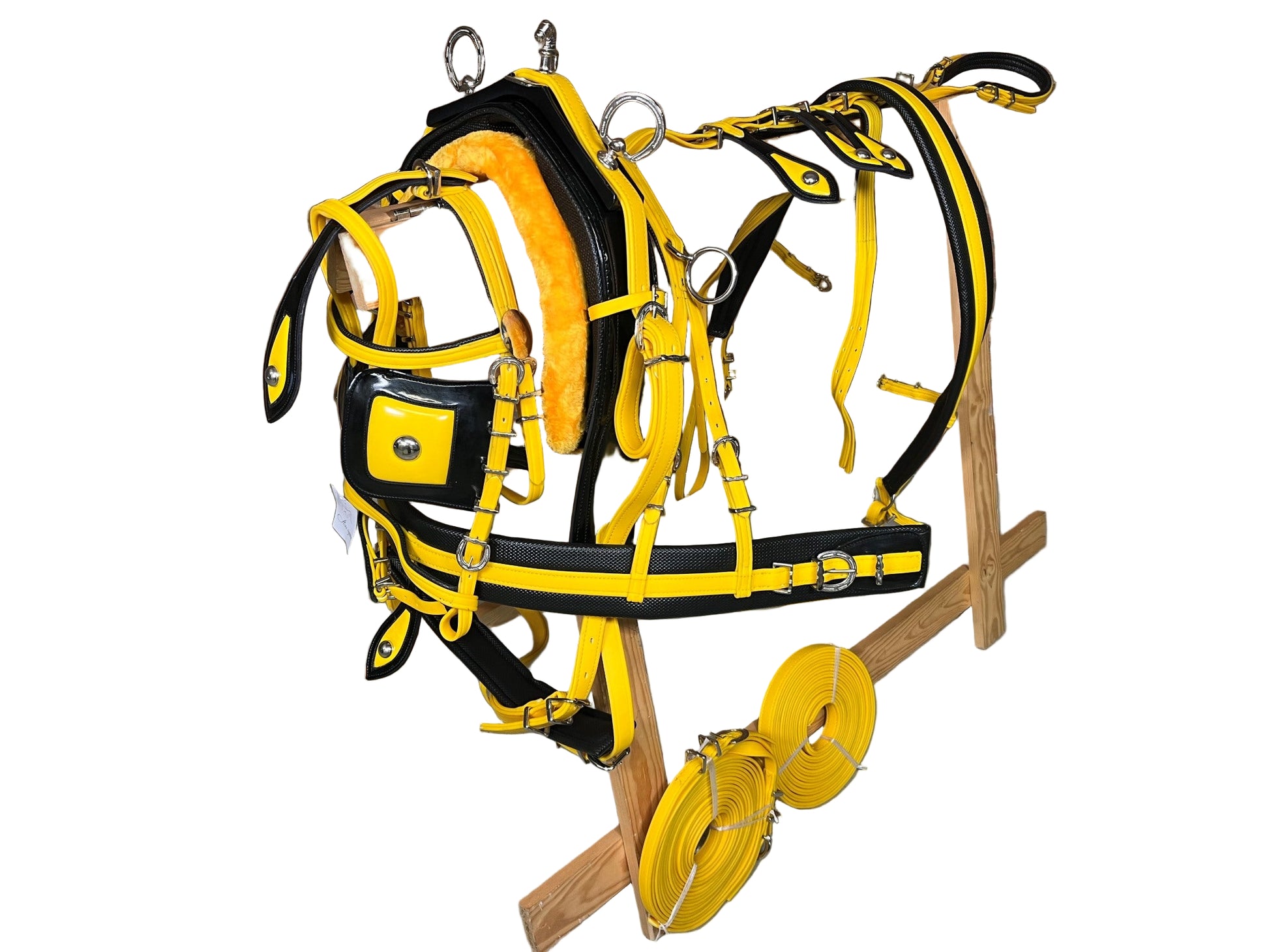 A yellow and black breeching harness with soft bio-thane padding, horse shoe buckle, and square winkers