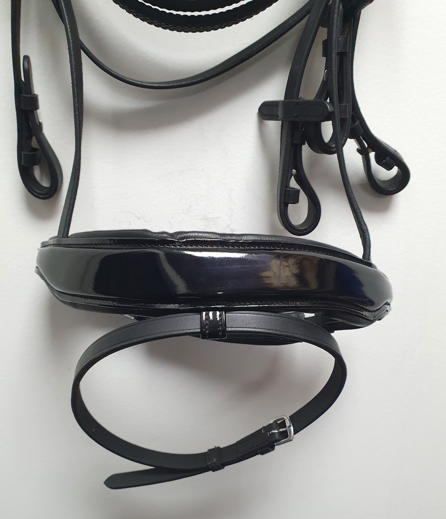 Leather Dressage Bridle Black with Patent Noseband and Diamante Browband