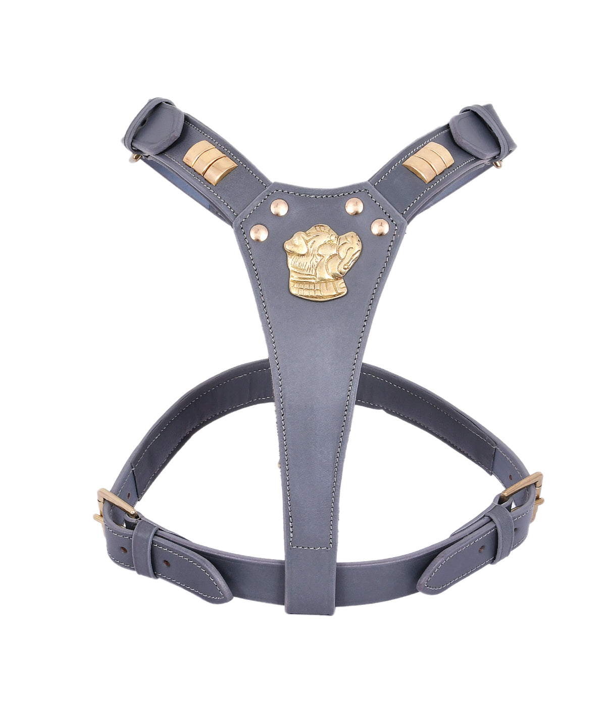 Handcrafted Grey Leather Staffy Dog Harness Collar And Chain Lead Set Luxury Comfort Fit with Brass Knot