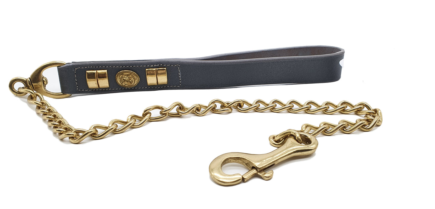 Handcrafted Grey Leather Staffy Dog Harness Collar And Chain Lead Set Luxury Comfort Fit with Brass Knot