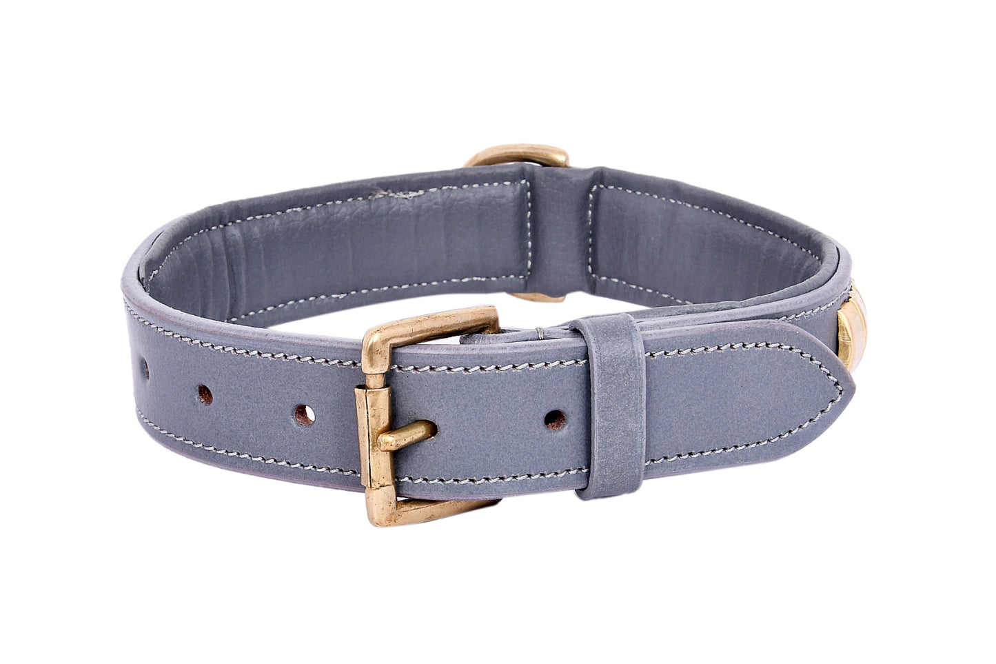 Handcrafted Grey Leather Staffy Dog Harness Collar And Chain Lead Set Luxury Comfort Fit with Brass Knot