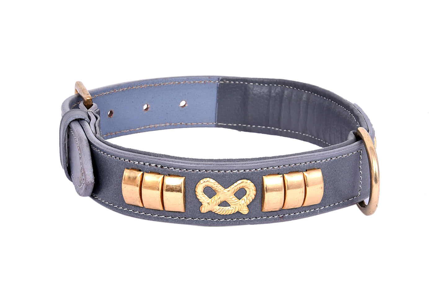 Handcrafted Grey Leather Staffy Dog Harness Collar And Chain Lead Set Luxury Comfort Fit with Brass Knot