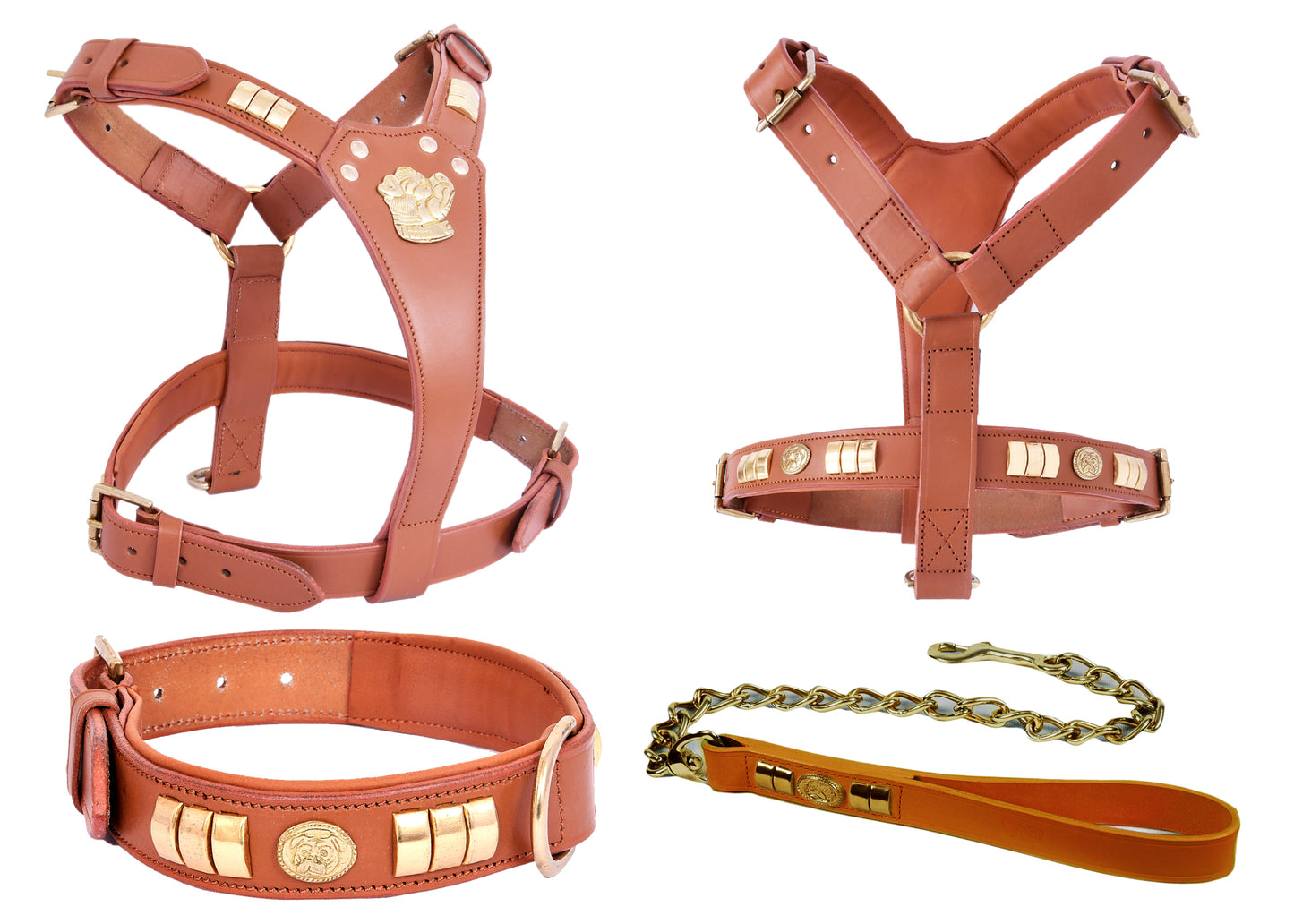 Handcrafted Tan Leather Staffy Dog Harness Collar And Chain Lead Set Luxury Comfort Fit with Brass Dog Face