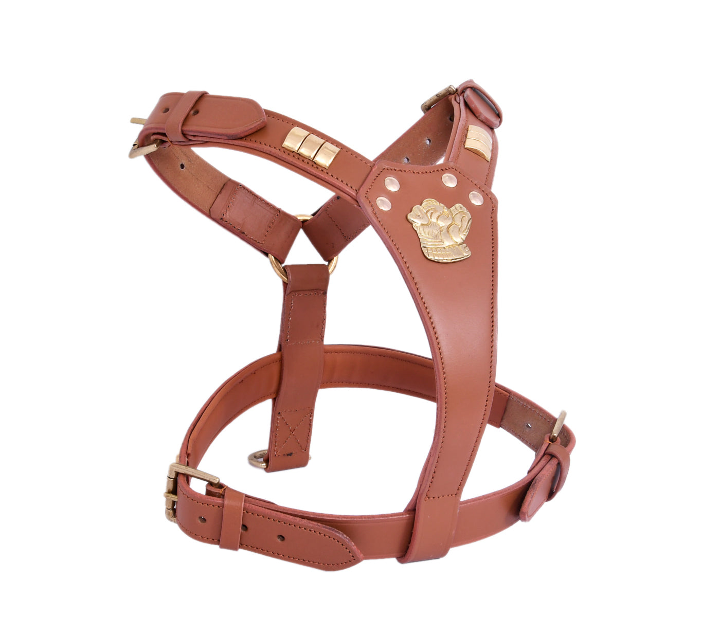 Handcrafted Tan Leather Staffy Dog Harness Collar And Chain Lead Set Luxury Comfort Fit with Brass Dog Face