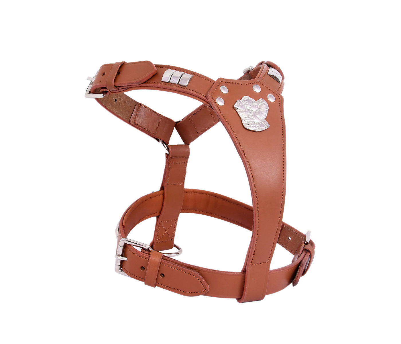 Handcrafted Tan Leather Staffy Dog Harness Collar And Chain Lead Set Luxury Comfort Fit with Chrome Dog Face