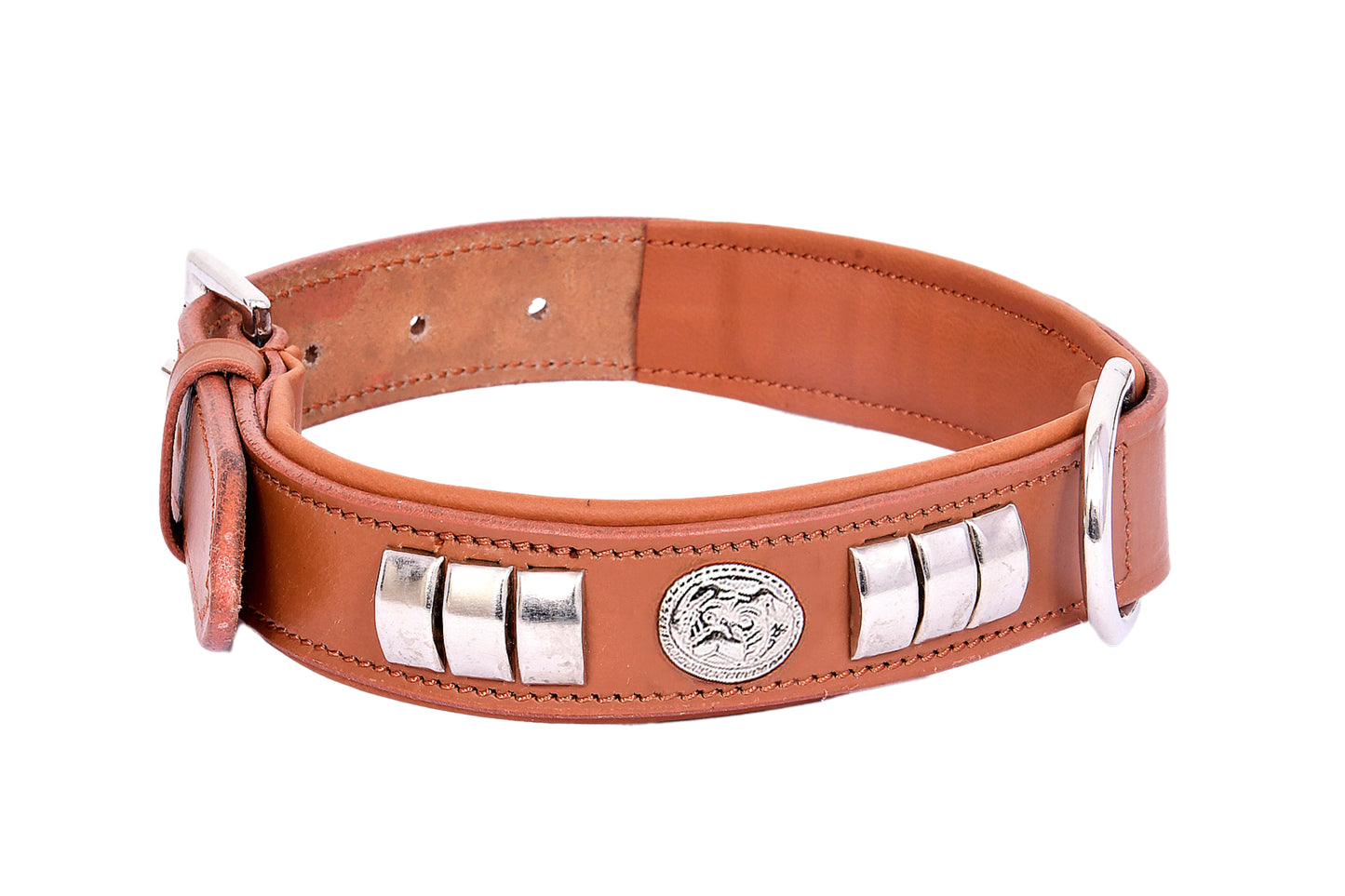Handcrafted Tan Leather Staffy Dog Harness Collar And Chain Lead Set Luxury Comfort Fit with Chrome Dog Face
