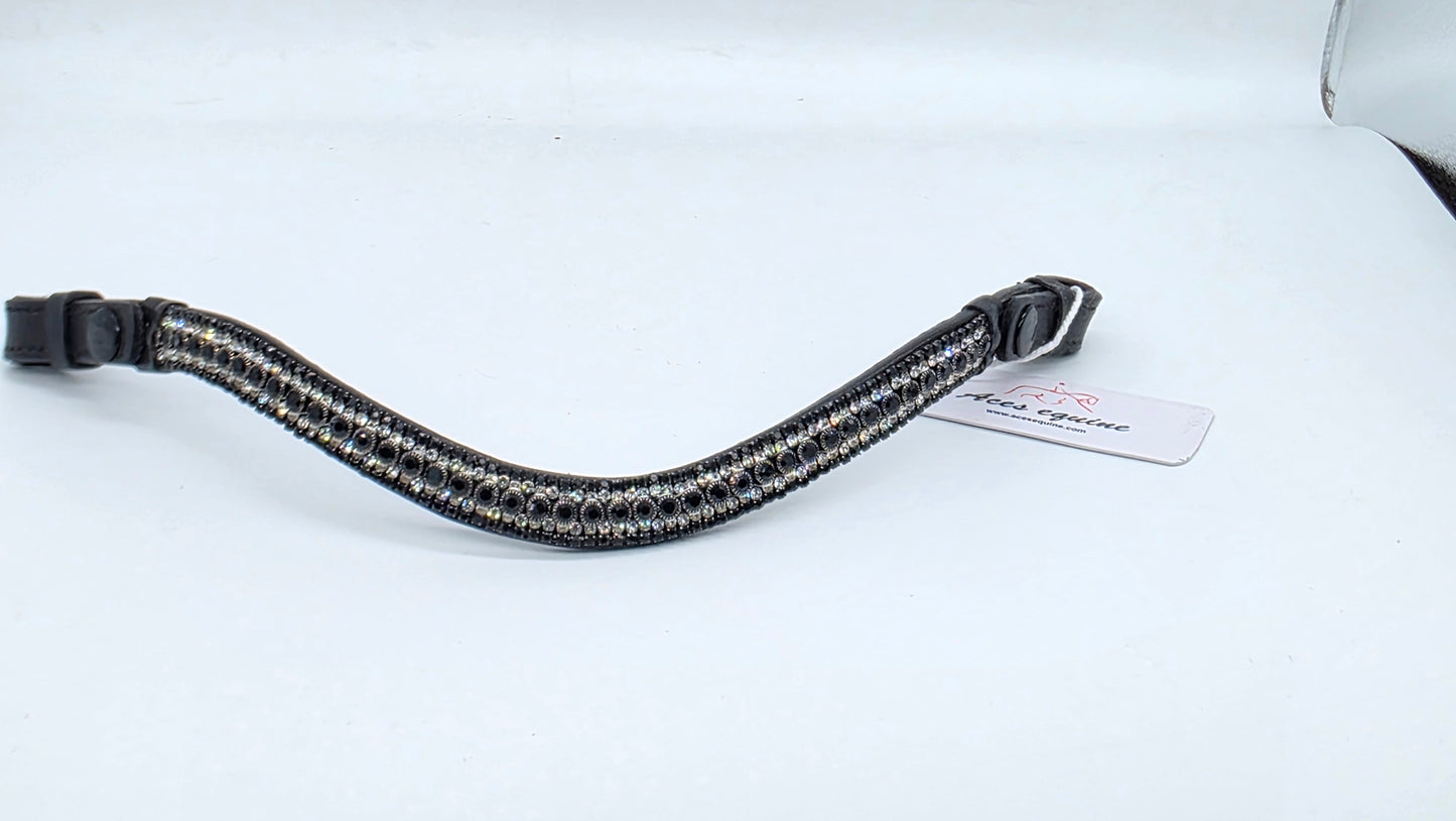 Leather Elegant Wave Style Browband with Crystal Stones Black White