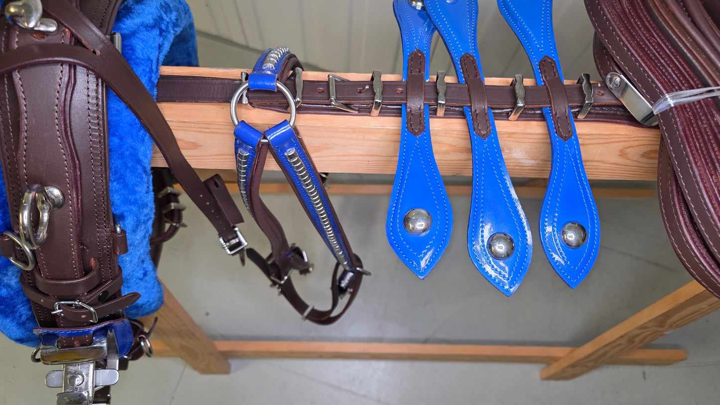 Leather Quick Hitch Trotting Driving Harness Padded Comfort Strong Fit Chrome Fittings Brown And Blue Color