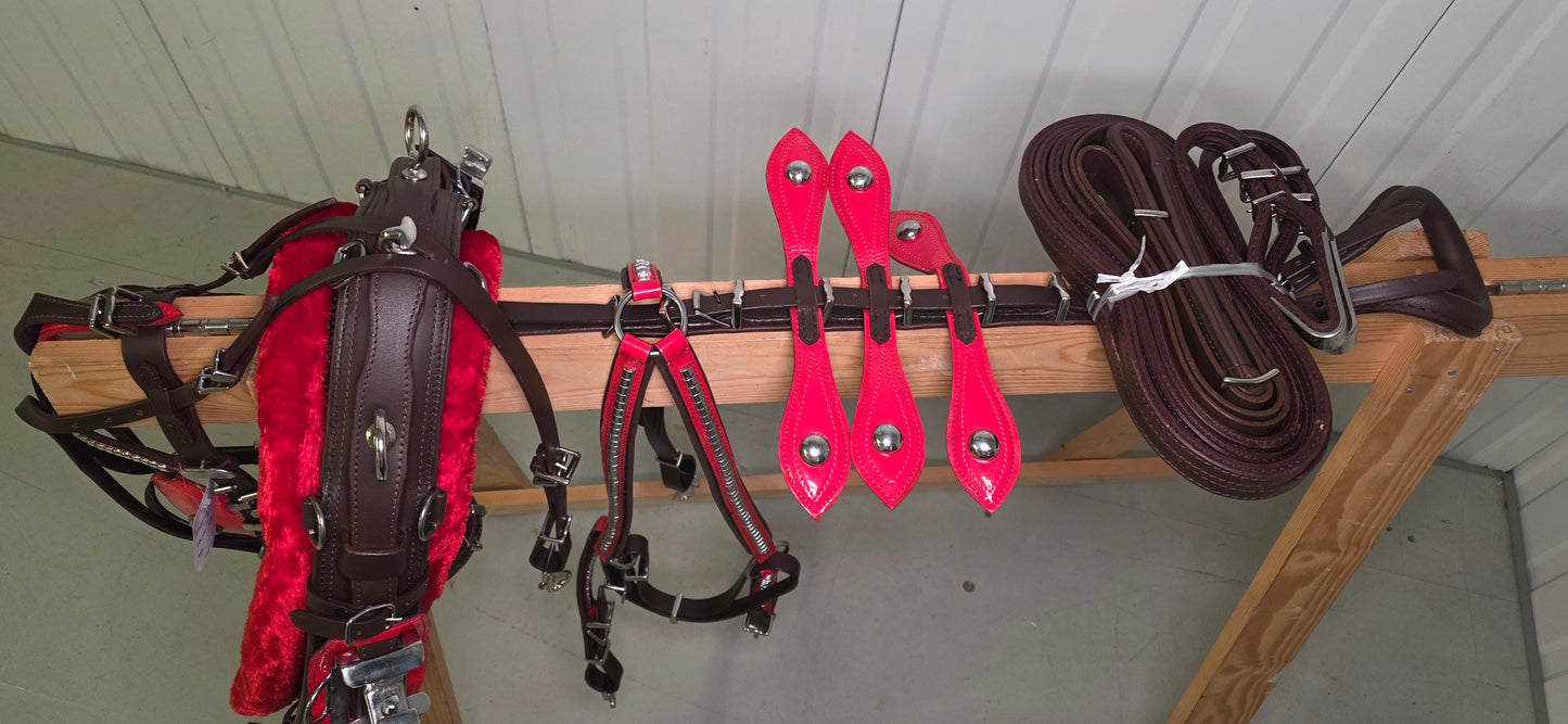 Leather Quick Hitch Trotting Driving Harness Padded Comfort Strong Fit Chrome Fittings Brown And Red Color
