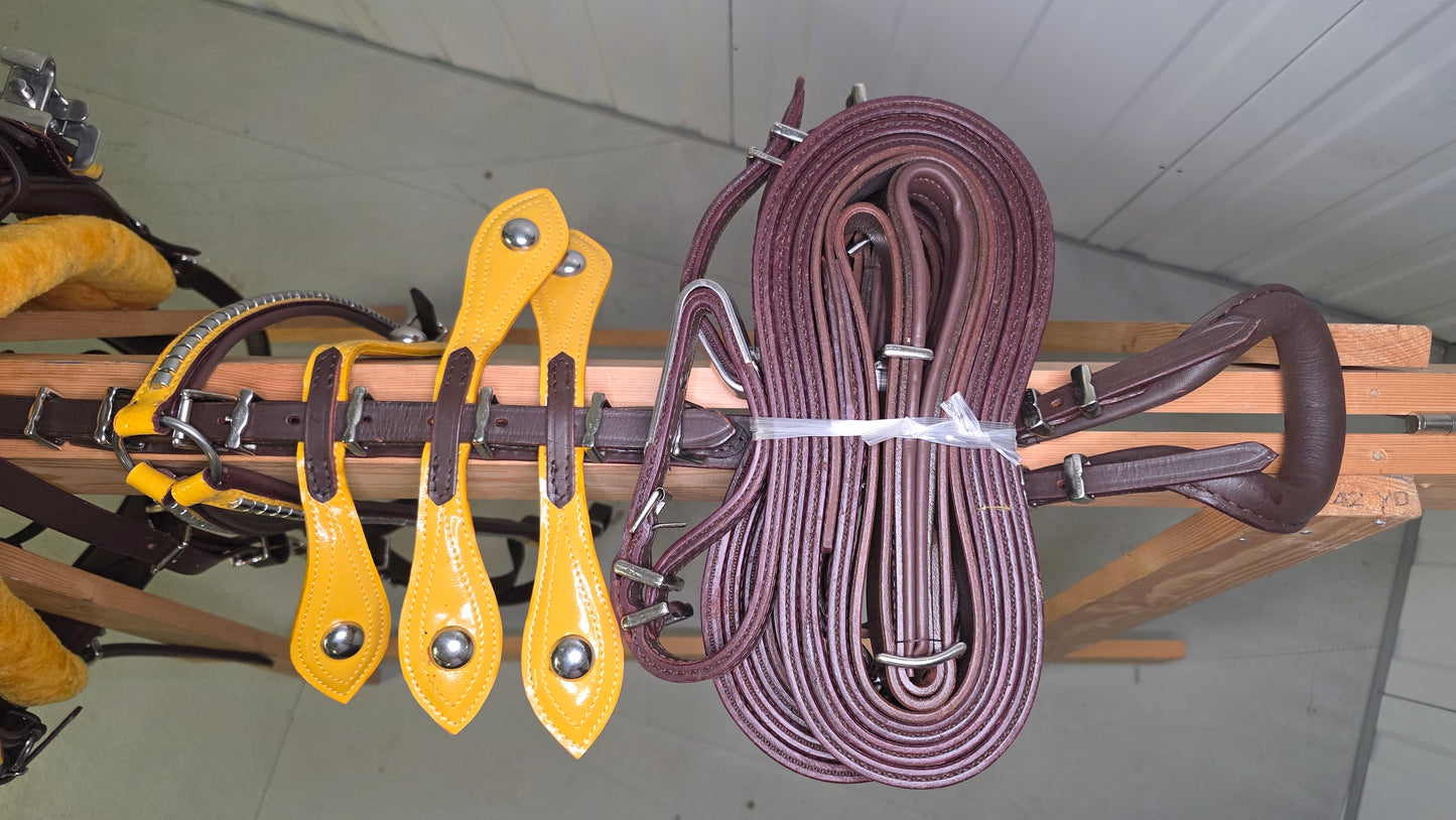Leather Quick Hitch Trotting Driving Harness Padded Comfort Strong Fit Chrome Fittings Brown And Yellow Color