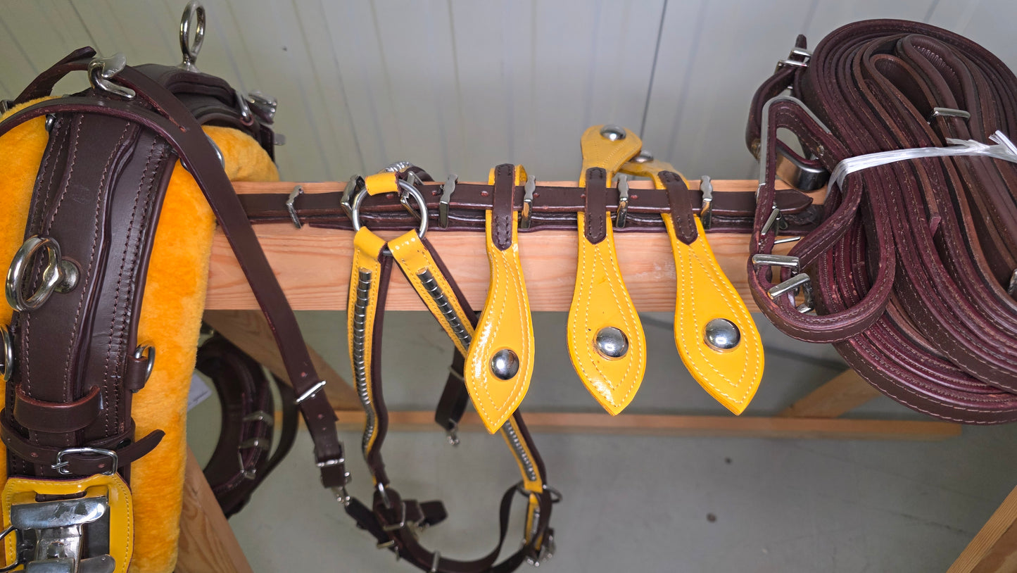 Leather Quick Hitch Trotting Driving Harness Padded Comfort Strong Fit Chrome Fittings Brown And Yellow Color