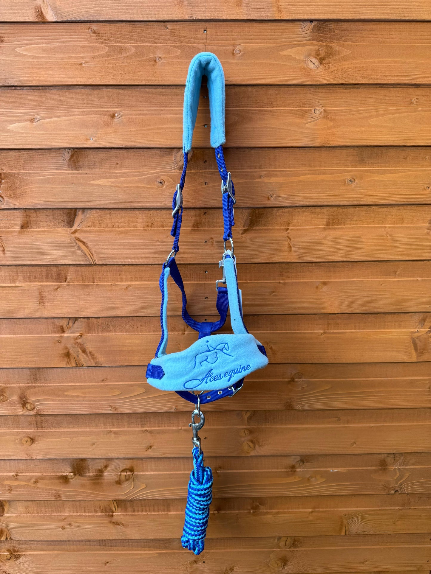 Nylon Horse Halter Headcollar With Free Rope Lead Anti Pilling Fleece Light And Dark Blue