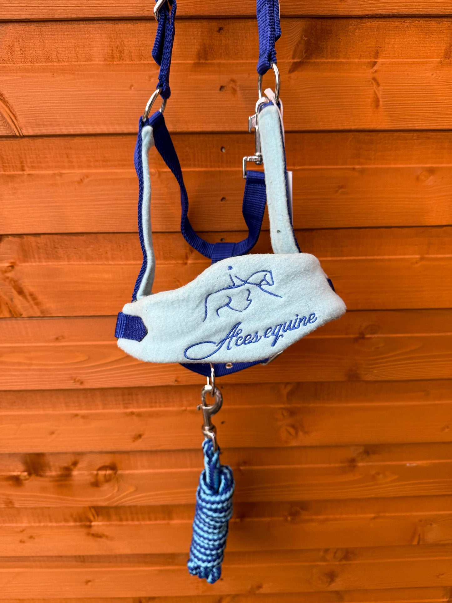 Nylon Horse Halter Headcollar With Free Rope Lead Anti Pilling Fleece Light And Dark Blue