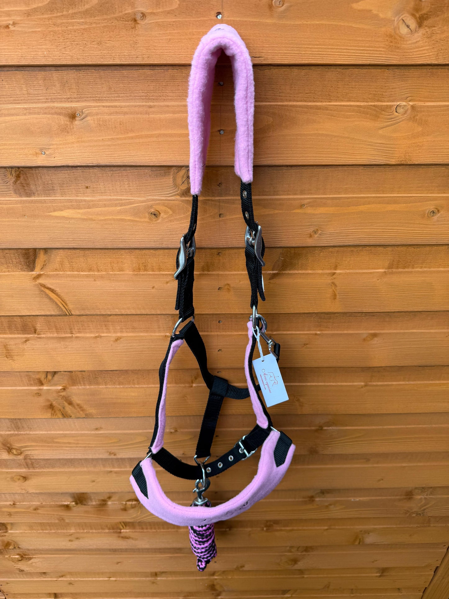 Nylon Horse Halter Headcollar With Free Rope Lead Anti Pilling Fleece Pink and Black