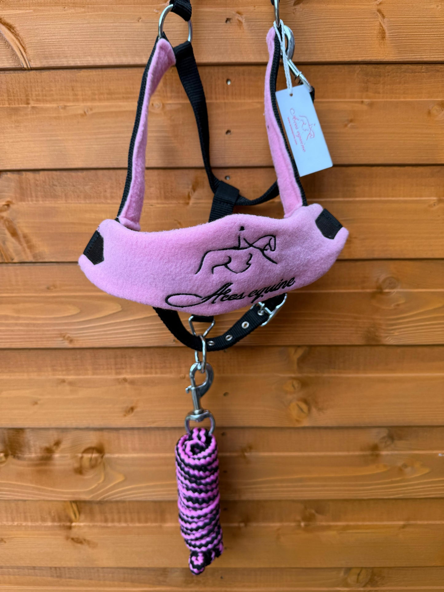 Nylon Horse Halter Headcollar With Free Rope Lead Anti Pilling Fleece Pink and Black