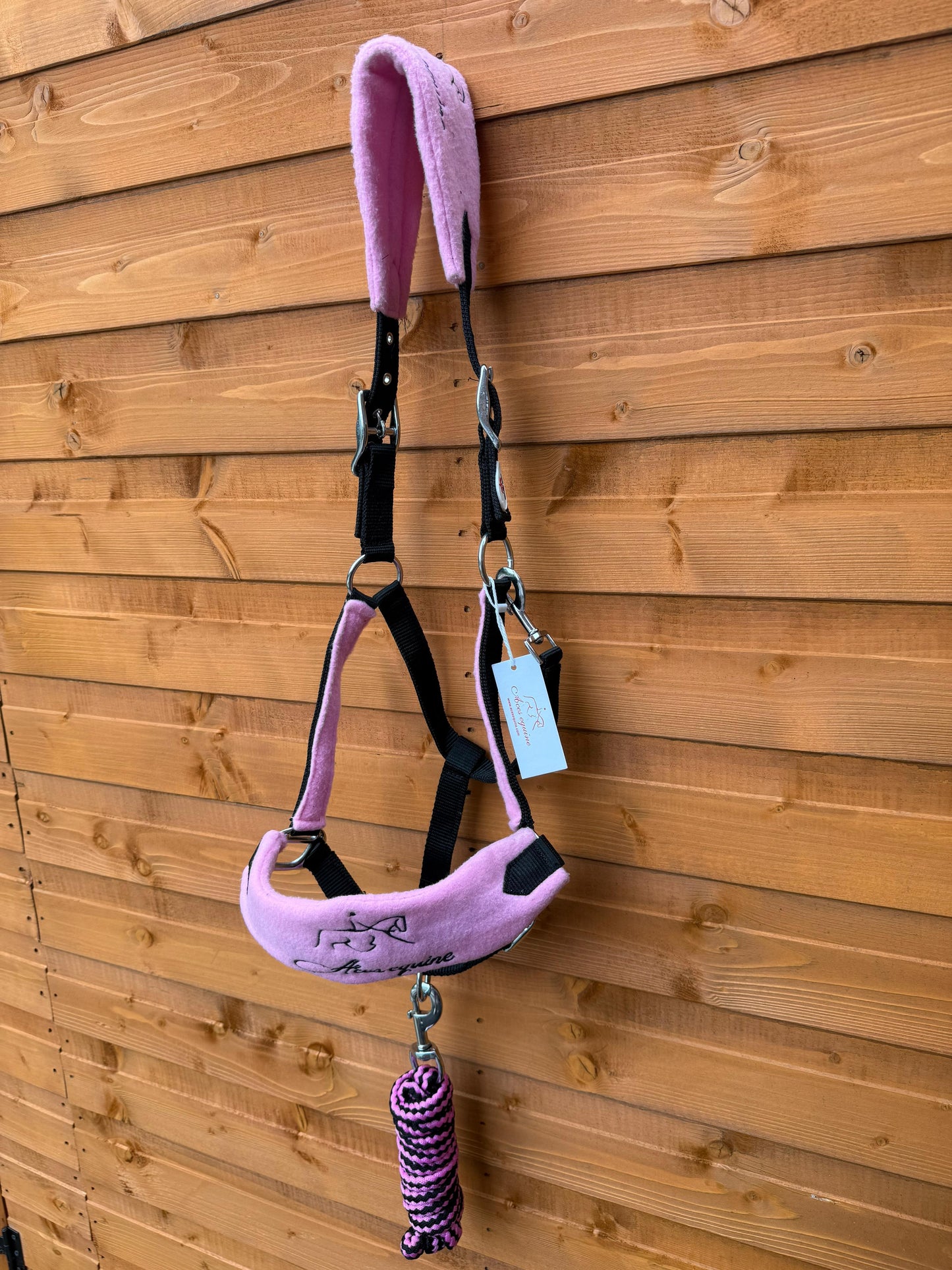 Nylon Horse Halter Headcollar With Free Rope Lead Anti Pilling Fleece Pink and Black