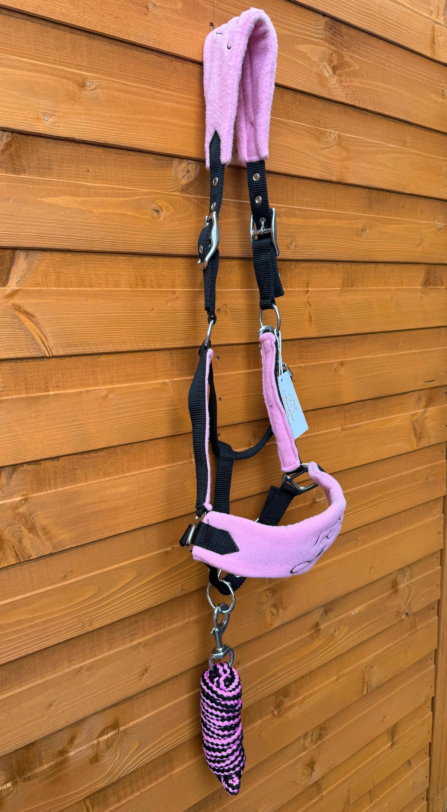 Nylon Horse Halter Headcollar With Free Rope Lead Anti Pilling Fleece Pink and Black