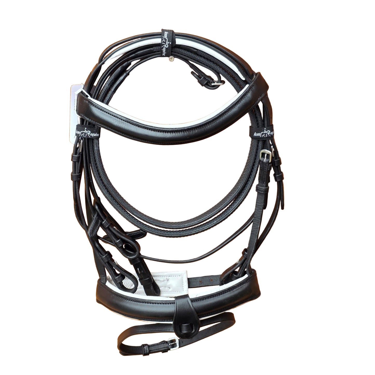 PremiumComfortHorseBridleBlackAndWhitePadded1.5InchNosebandwithRubberGripReinsandDetachableFlash