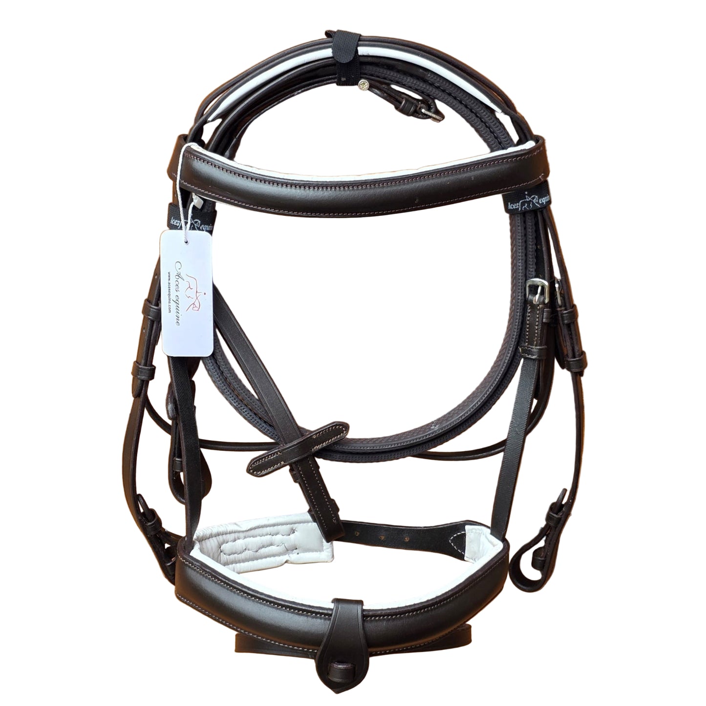 Premium Comfort Horse Bridle Black And White Padded 1.5 Inch Noseband with Rubber Grip Reins and Detachable Flash