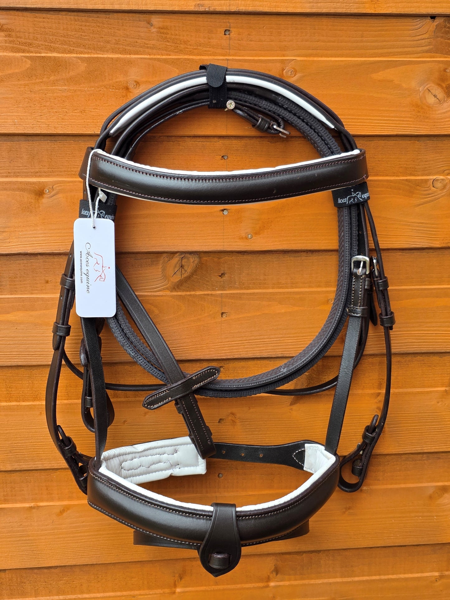 Premium Comfort Horse Bridle Black And White Padded 1.5 Inch Noseband with Rubber Grip Reins and Detachable Flash