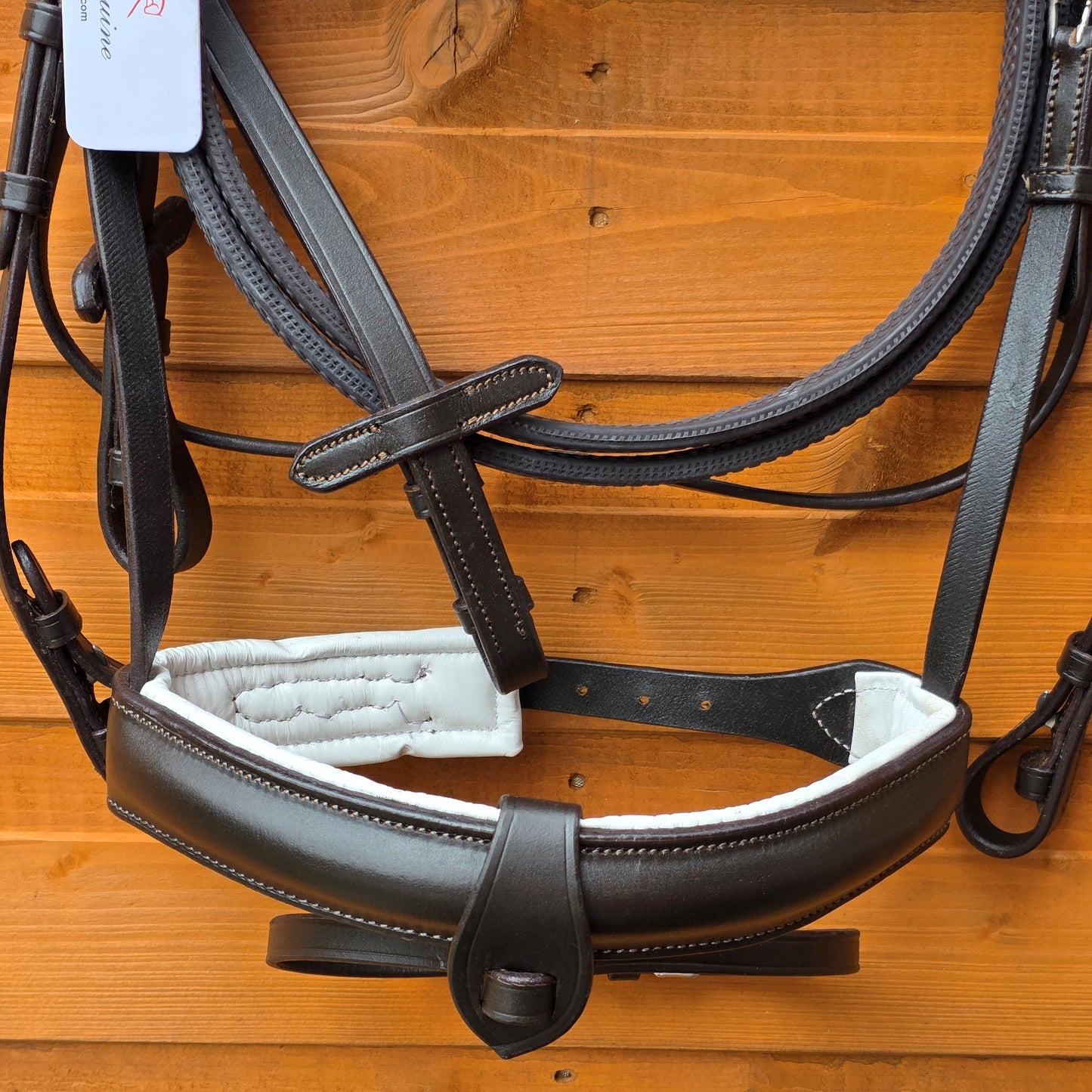 Premium Comfort Horse Bridle Black And White Padded 1.5 Inch Noseband with Rubber Grip Reins and Detachable Flash