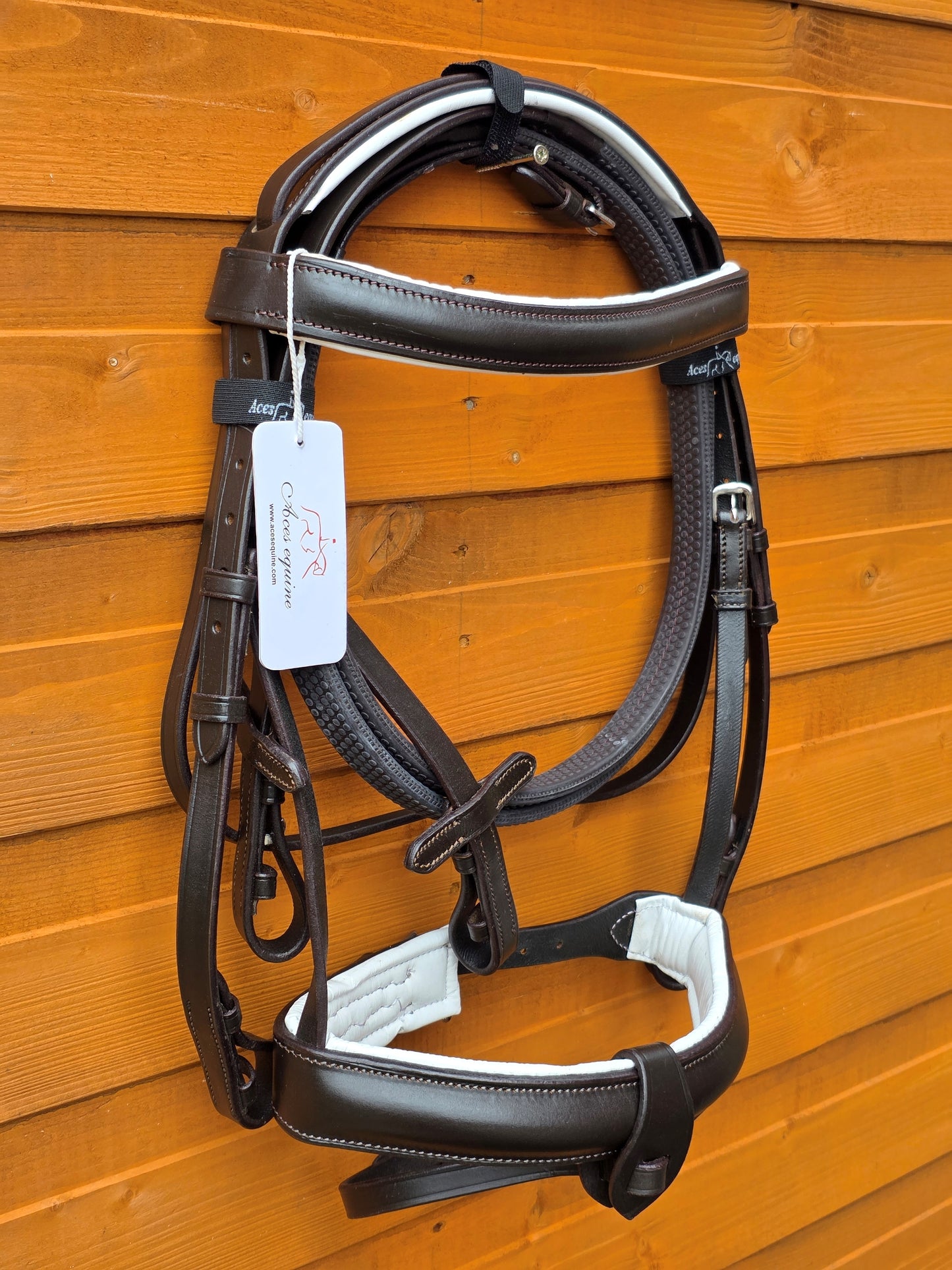 Premium Comfort Horse Bridle Black And White Padded 1.5 Inch Noseband with Rubber Grip Reins and Detachable Flash