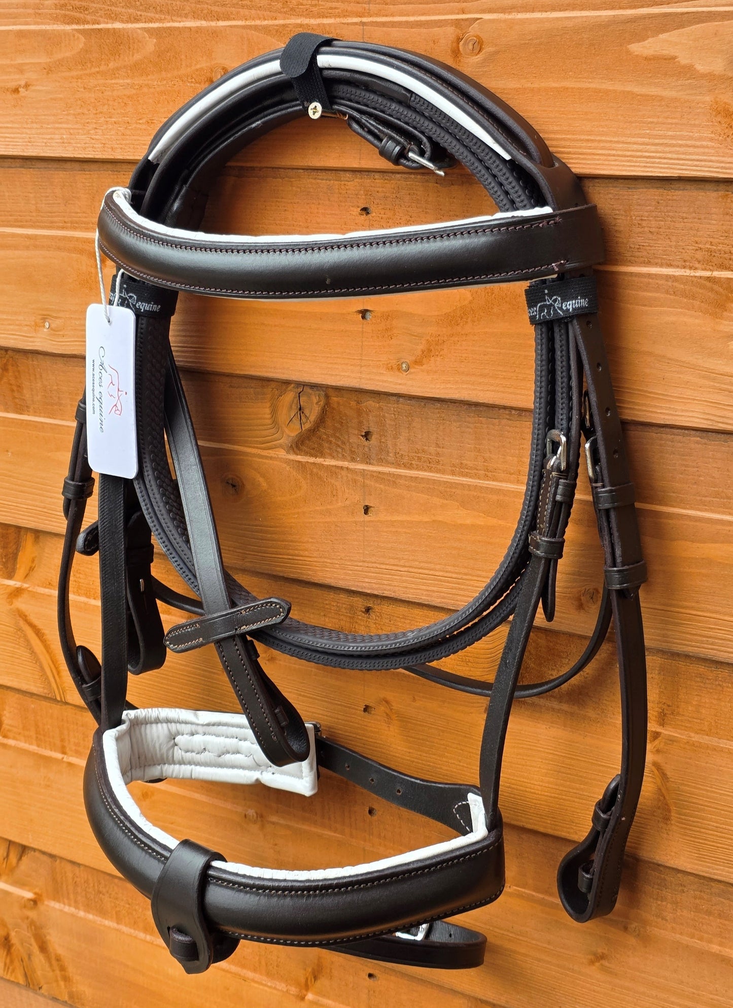 Premium Comfort Horse Bridle Black And White Padded 1.5 Inch Noseband with Rubber Grip Reins and Detachable Flash