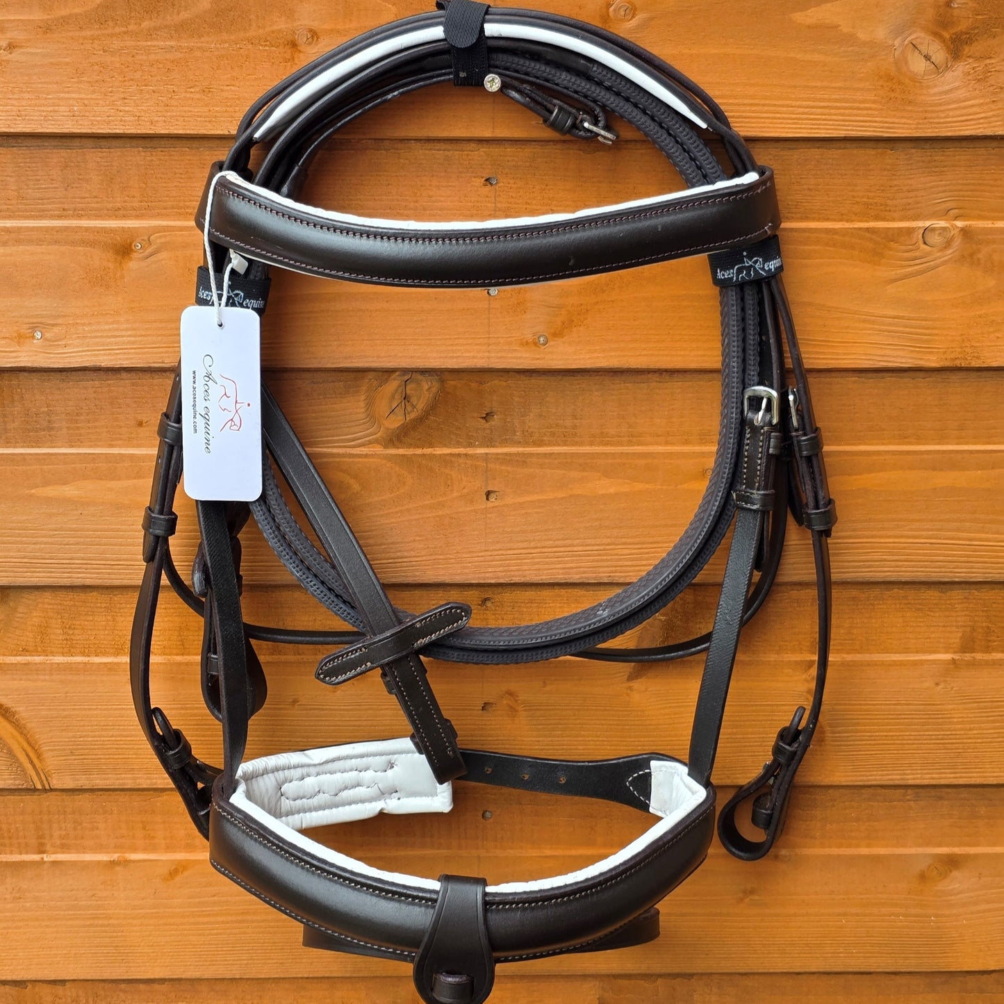 Premium Comfort Horse Bridle Black And White Padded 1.5 Inch Noseband with Rubber Grip Reins and Detachable Flash
