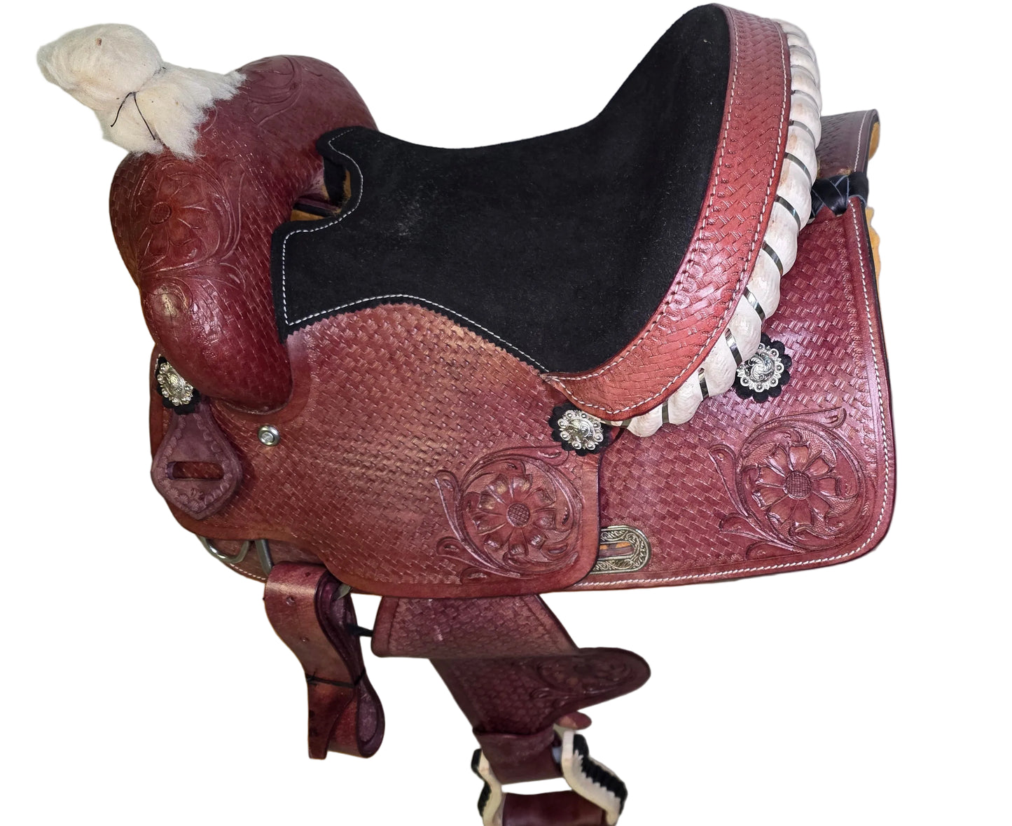 Western Horse Saddle Brown Tooled Leather Black Seat With Stirrups