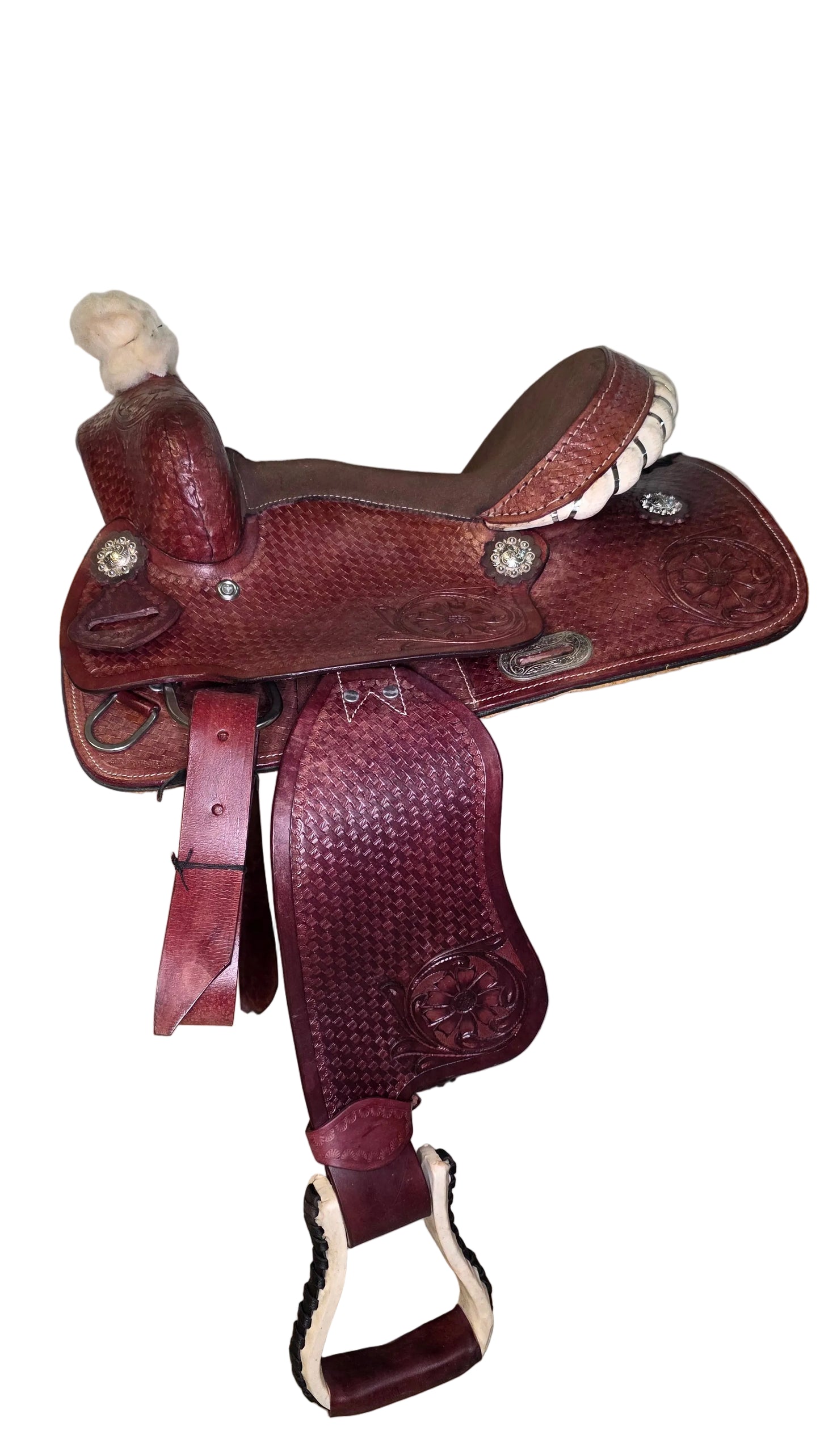 Western Horse Saddle Brown Tooled Leather Brown Seat With Stirrups