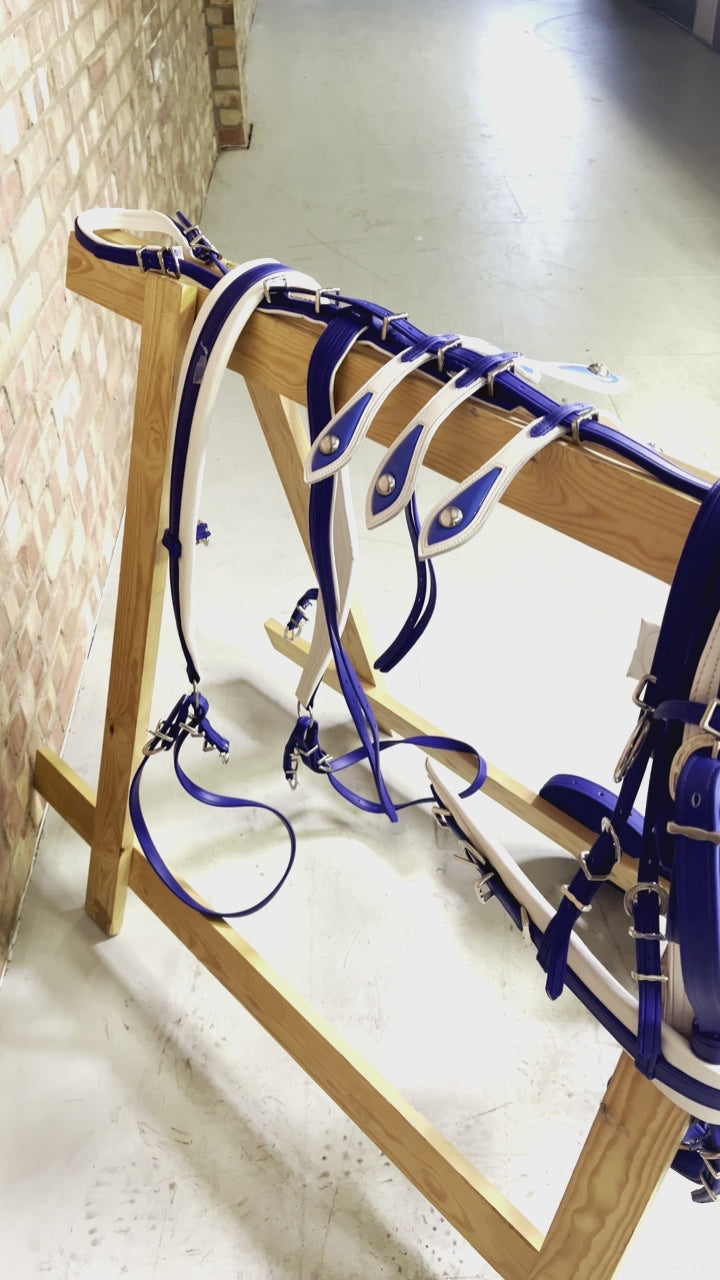 A horse biothane harness with blue straps and white padding