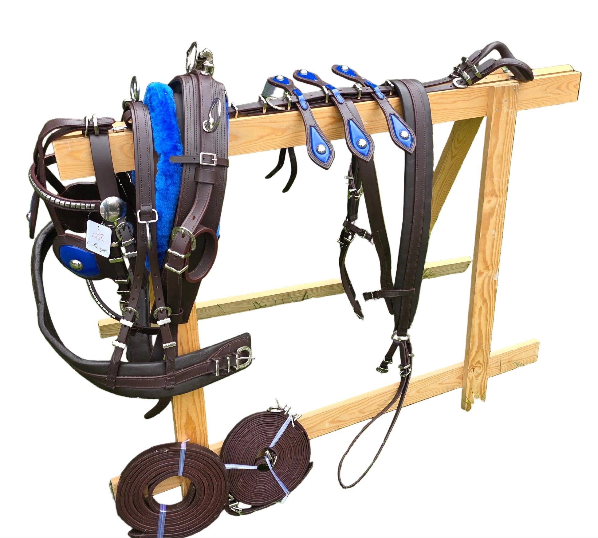 Leather Tiedown Driving Cart Harness Brown And Blue