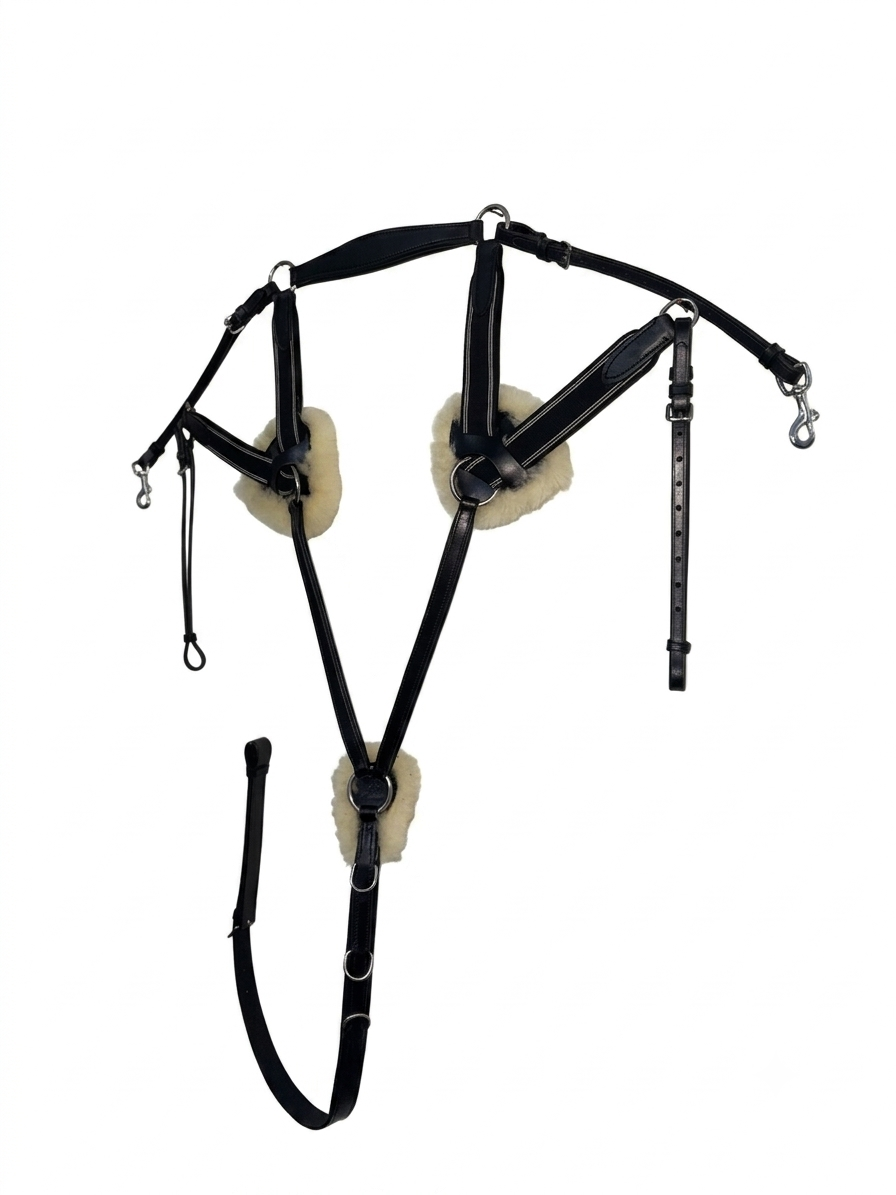 5 Point Leather Horse Martingale Breastplate with Sheepskin Padding Black