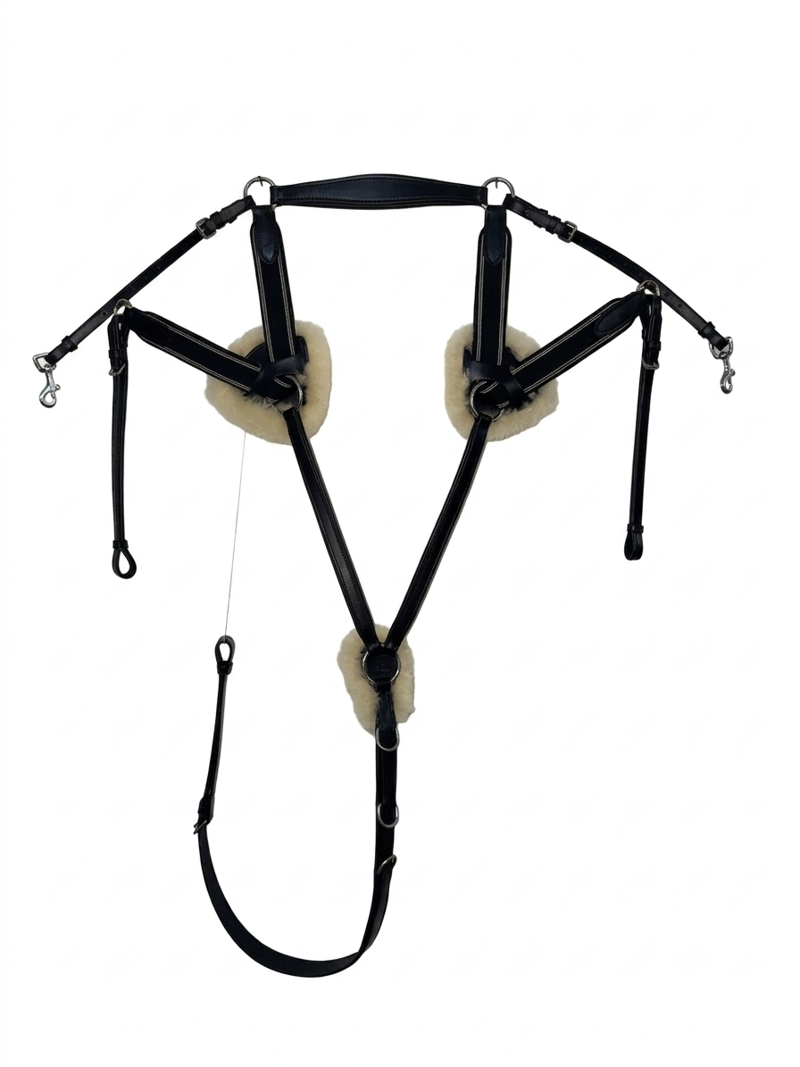 5 Point Leather Horse Martingale Breastplate with Sheepskin Padding Black