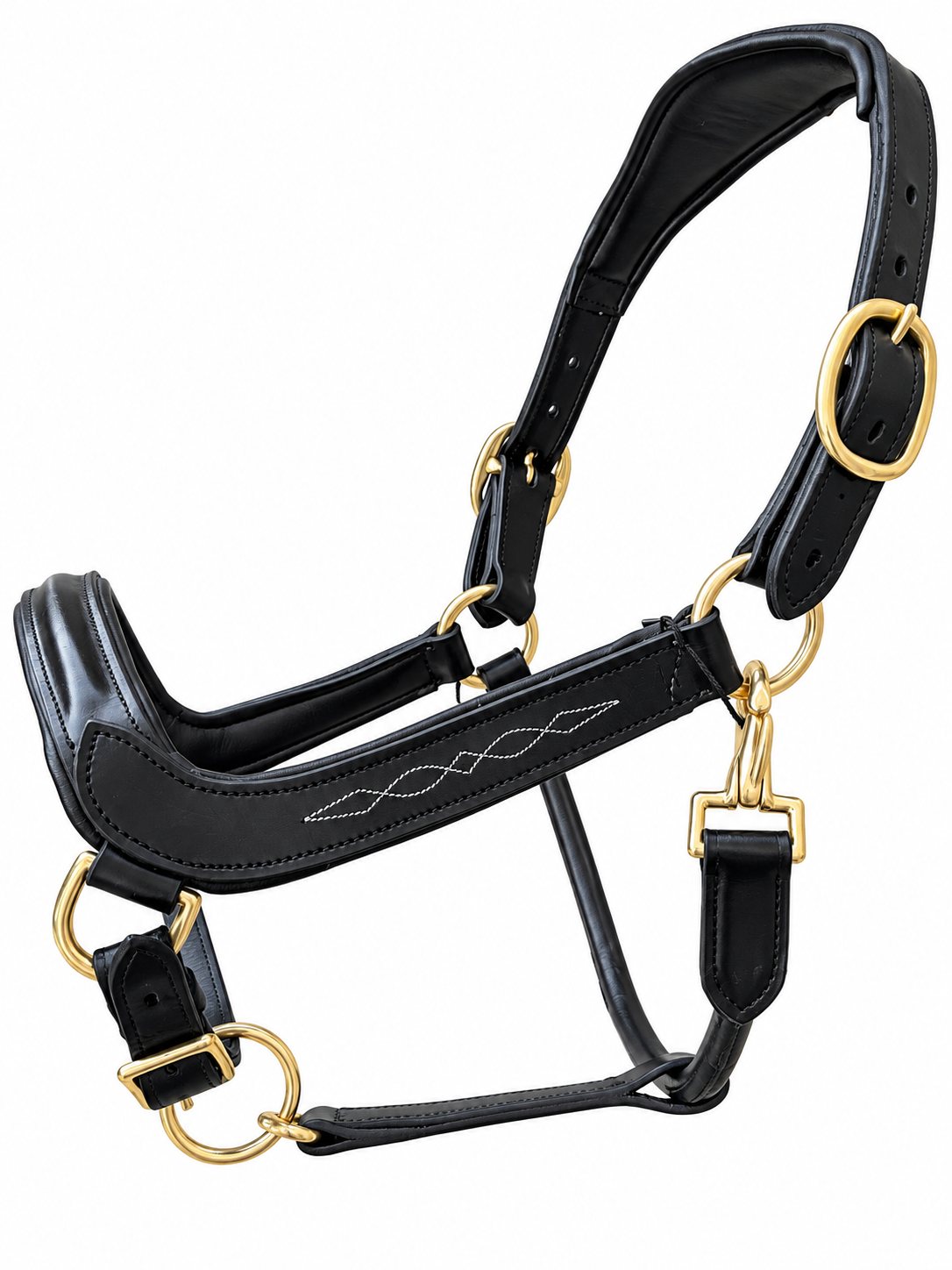 Leather Anatomical Halter Black Headcollar with Brass Fittings and Padding