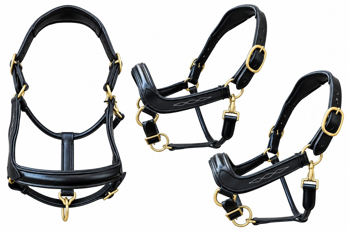 Leather Anatomical Halter Black Headcollar with Brass Fittings and Padding