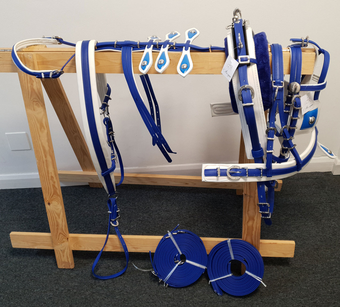Tiedown Harness with Breaching Blue and White colour size Full Cob Pony Small pony Shetland