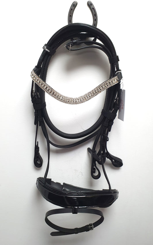 Leather Dressage Bridle Black with Patent Noseband and Diamante Browband