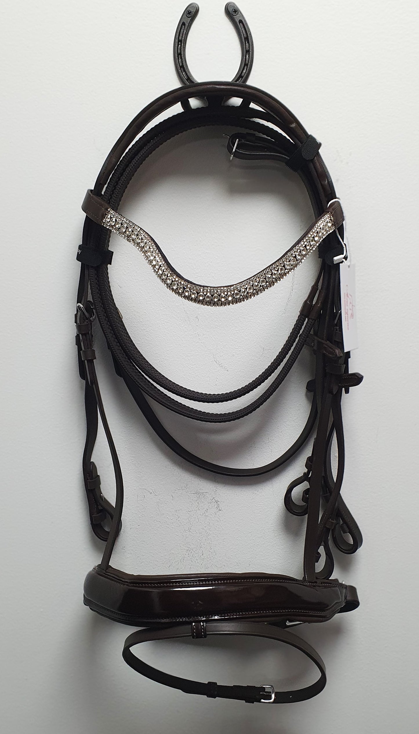 Leather Dressage Bridle Black with Patent Noseband and Diamante Browband