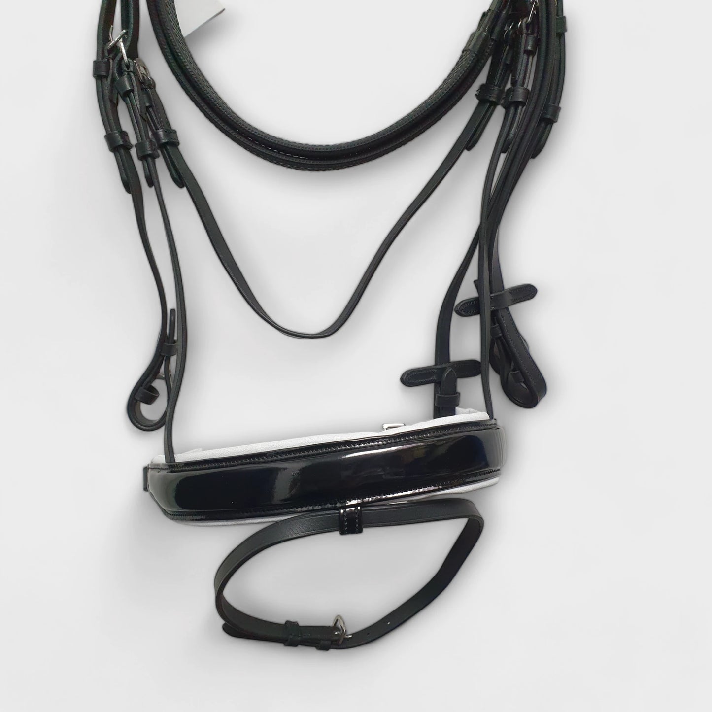 Leather Dressage Bridle Black and White Diamante with Patent Noseband