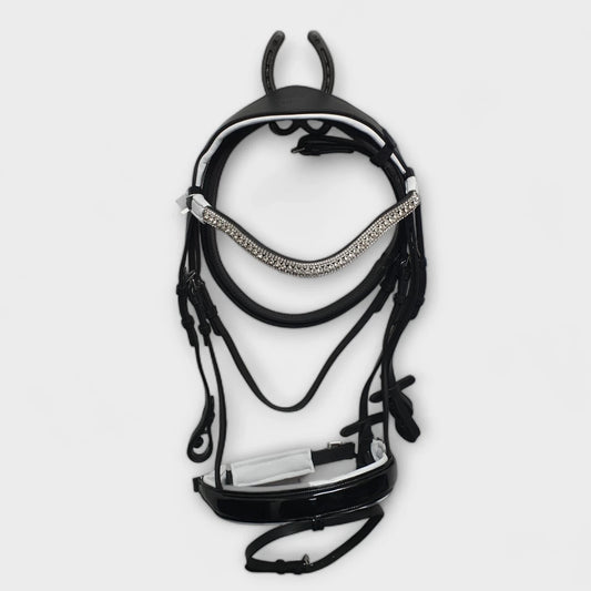 Leather Dressage Bridle Black and White Diamante with Patent Noseband