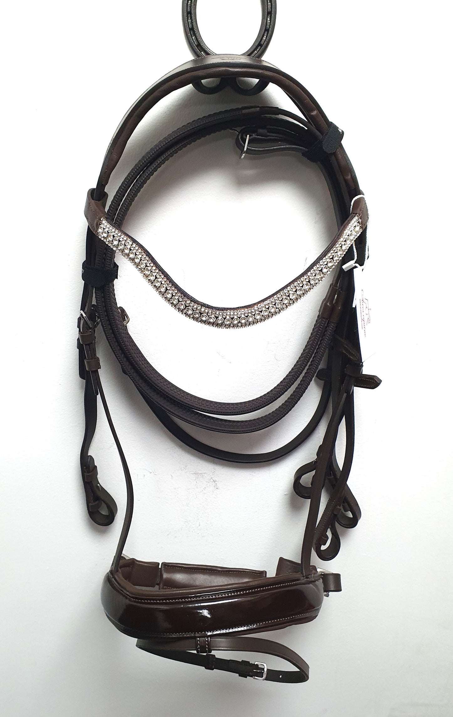 Leather Dressage Bridle Brown with Patent Noseband and Diamante Browband