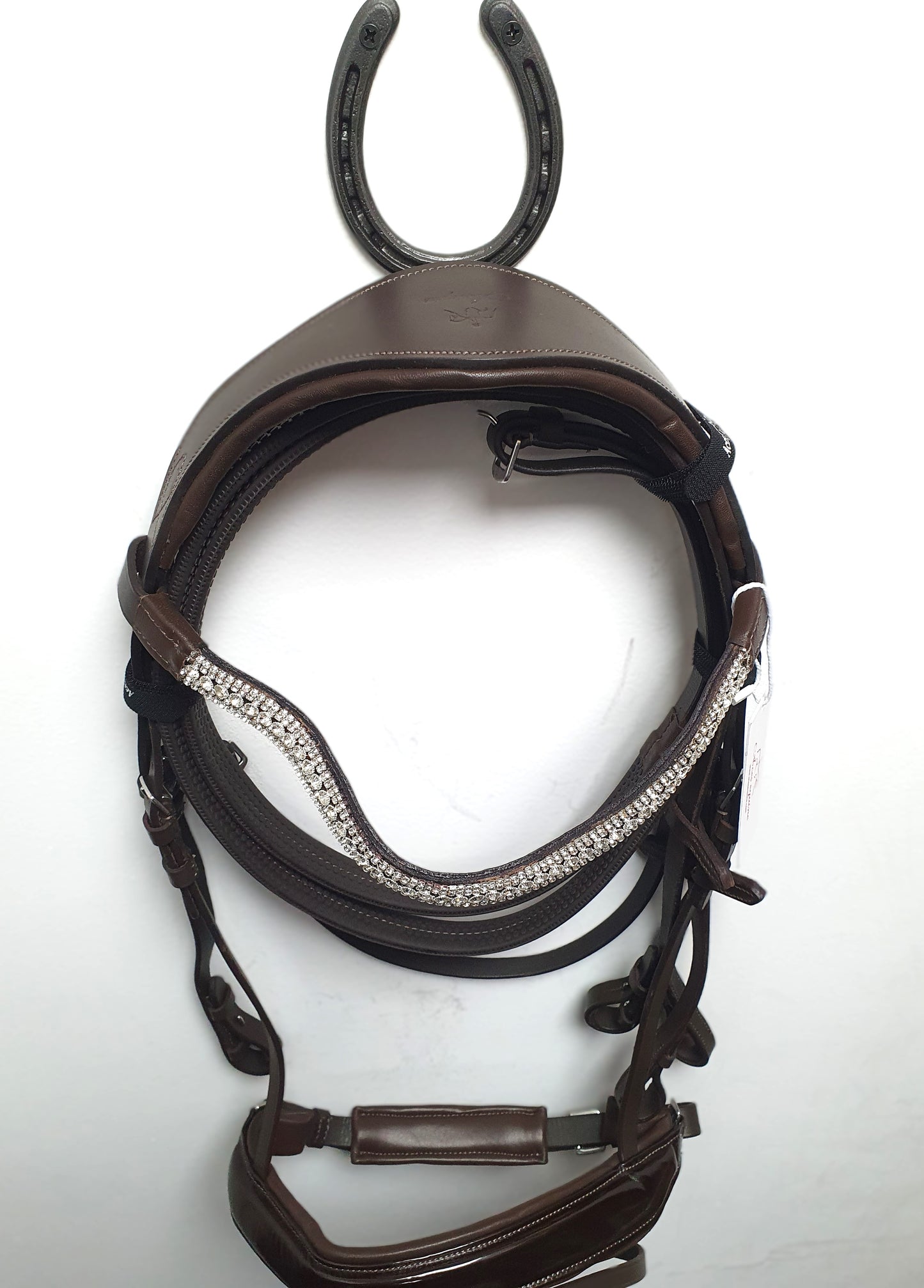 Leather Dressage Bridle Brown with Patent Noseband and Diamante Browband