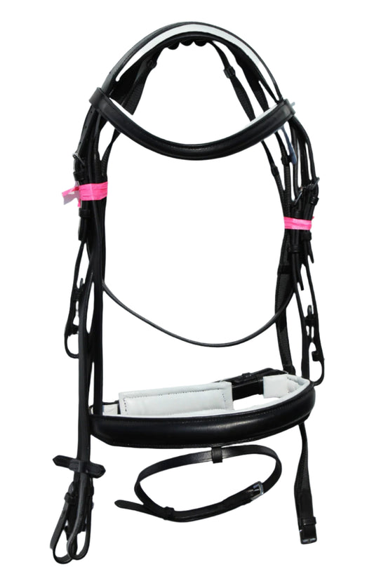 Europa Bridle Fully Padded 1 Inch Browband 1.5 Inch Noseband with Rubber Reins Black White